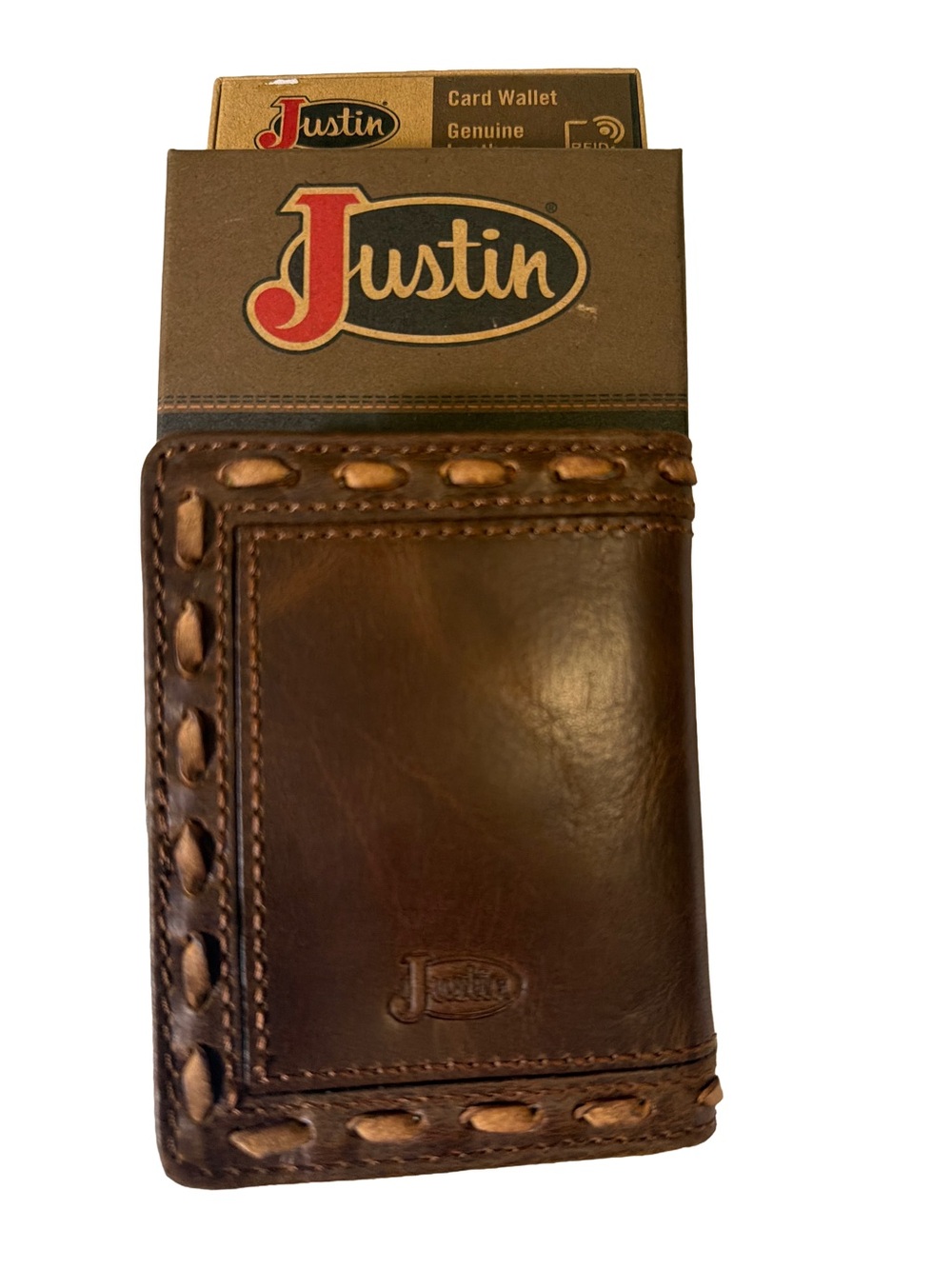 NIB Justin Boots Men's Front Pocket Whipstitch Card Case Wallet - Dark Brown